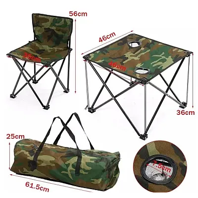 Set Masa cu 2 Scaune Pentru Camping Pliabile Model Army Geanta Inclusa
