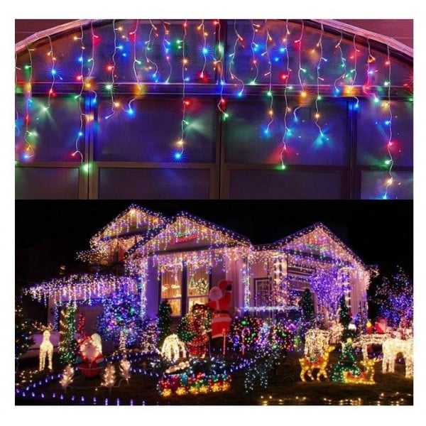 Instalatie Craciun 10m cu flash, 200 LED-uri, de exterior, tip franjuri, turturi ,fir alb, interconectabila + Instalatie solara 10 metri, 100 LED CADOU