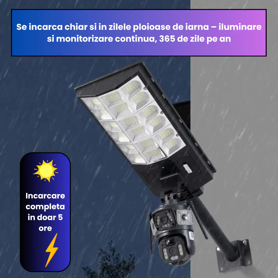 Lampa Solara cu Camera Supraveghere 450W, IP65, Detectie Miscare, Panou Solar Integrat, Monitorizare 24/7, Control Telefon, Rotatie 360°