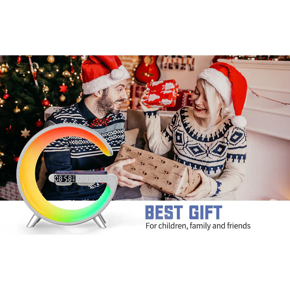 Lampa Moon RGB cu ceas cu alarma, lumina si sunet, difuzor Bluetooth si incarcator rapid wireless