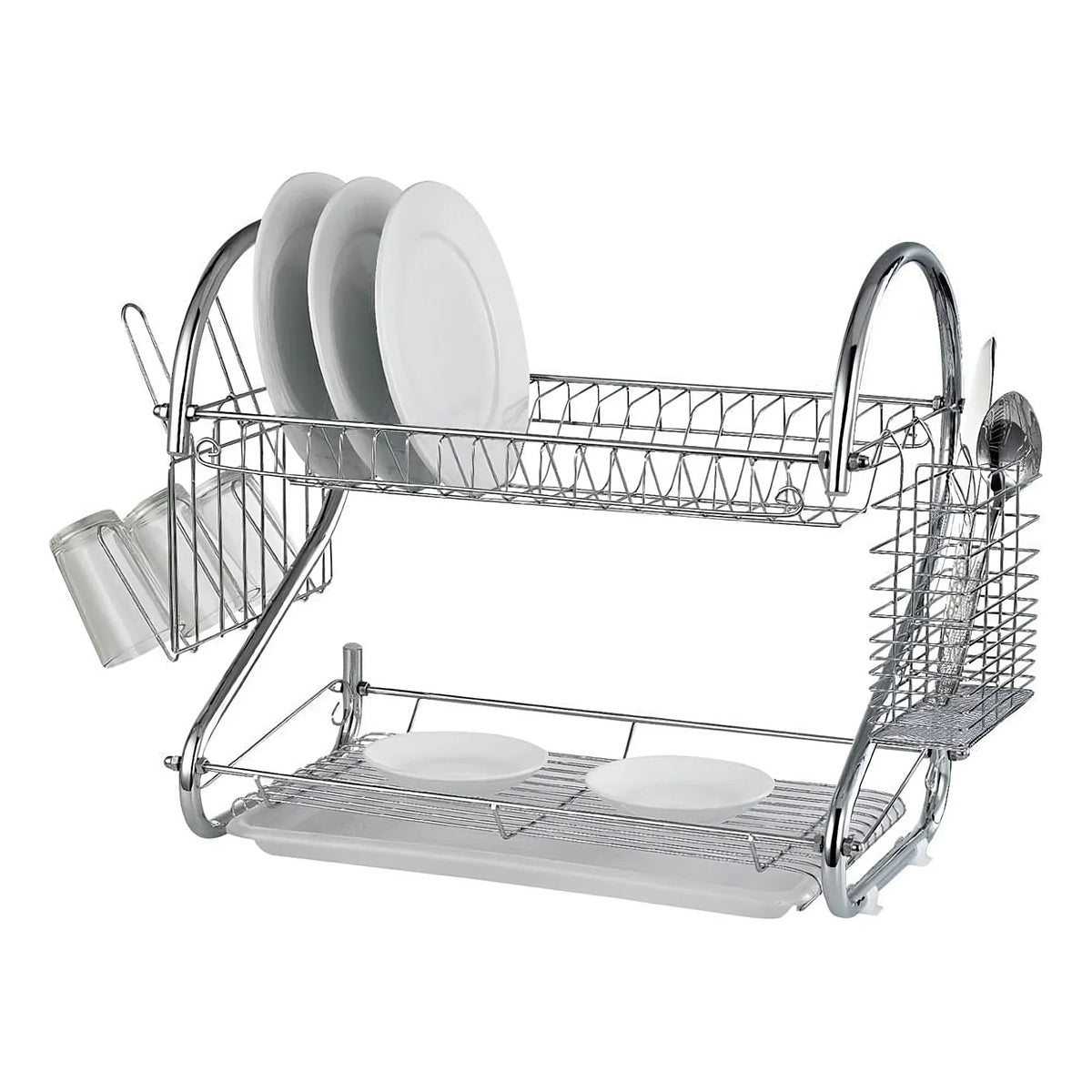 Suport uscator de vase cu tava de plastic cu 2 nivele, 42 x 25 x 28 cm, metal