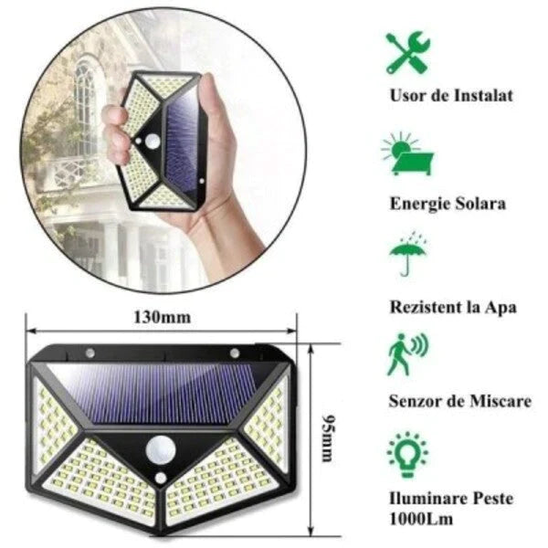Set 3 x Lampa 100 LED cu panou solar, senzor de miscare