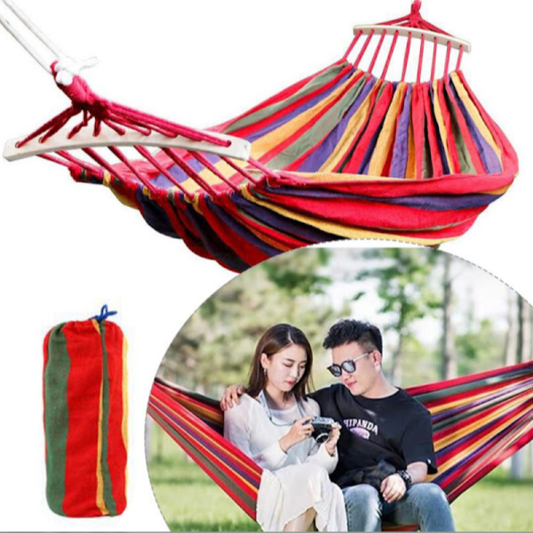Hamac dublu bumbac cu bara de lemn, 150 x 185 cm