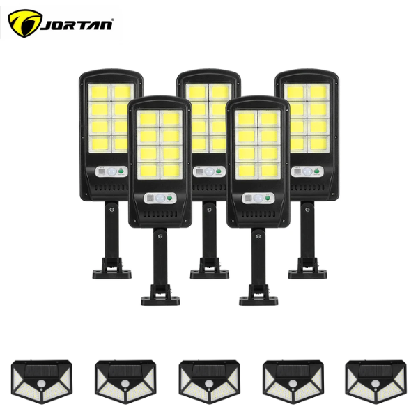 Set 5 lampi solare Jortan, 8 celule, 160 LED-uri COB, Telecomanda + 5 Lampi solare cu 100 LED, senzor de miscare CADOU