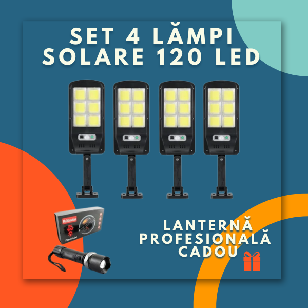Set 4 X Proiector solar 6 celule, 30W, 120 LED, cu senzor de miscare + Lanterna multifuntionala Swat CADOU
