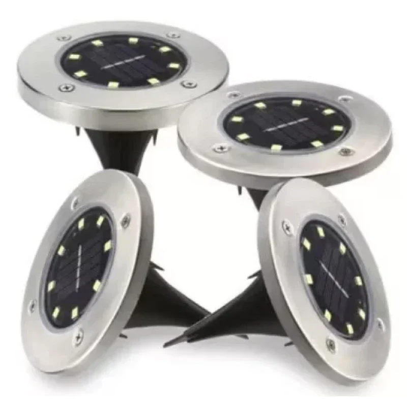 Set 4 Lampi Solare metalice Argintii Disk Lights pentru gradina + Hamac CADOU!