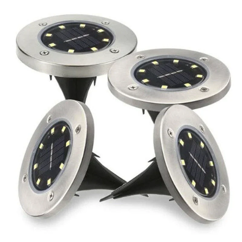 Set 4 Lampi Solare metalice Argintii Disk Lights pentru gradina + Hamac CADOU!