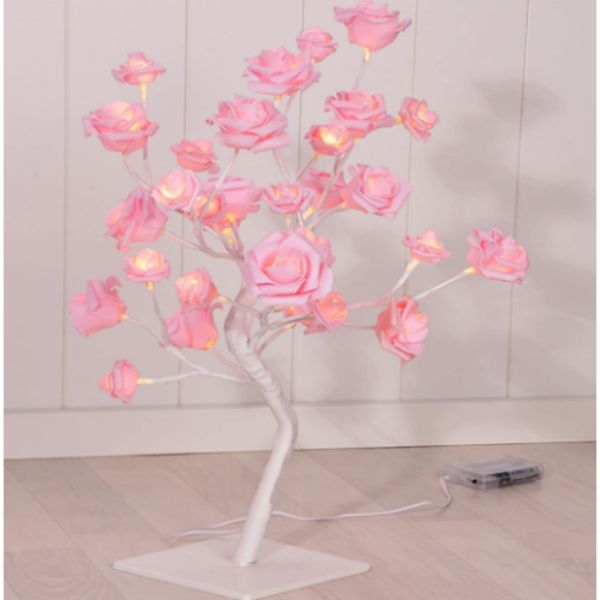 Veioză tip pomișor, cu flori de trandafir, iluminate LED individual, 24 LED-uri