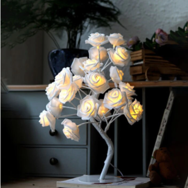 Veioză tip pomișor, cu flori de trandafir, iluminate LED individual, 24 LED-uri