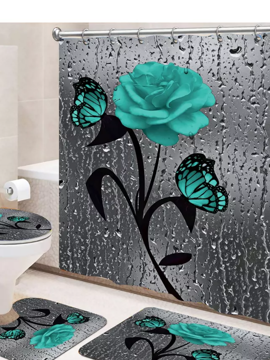 Set baie 4 piese: perdea, covorase si husa de toaleta, Blue Rose