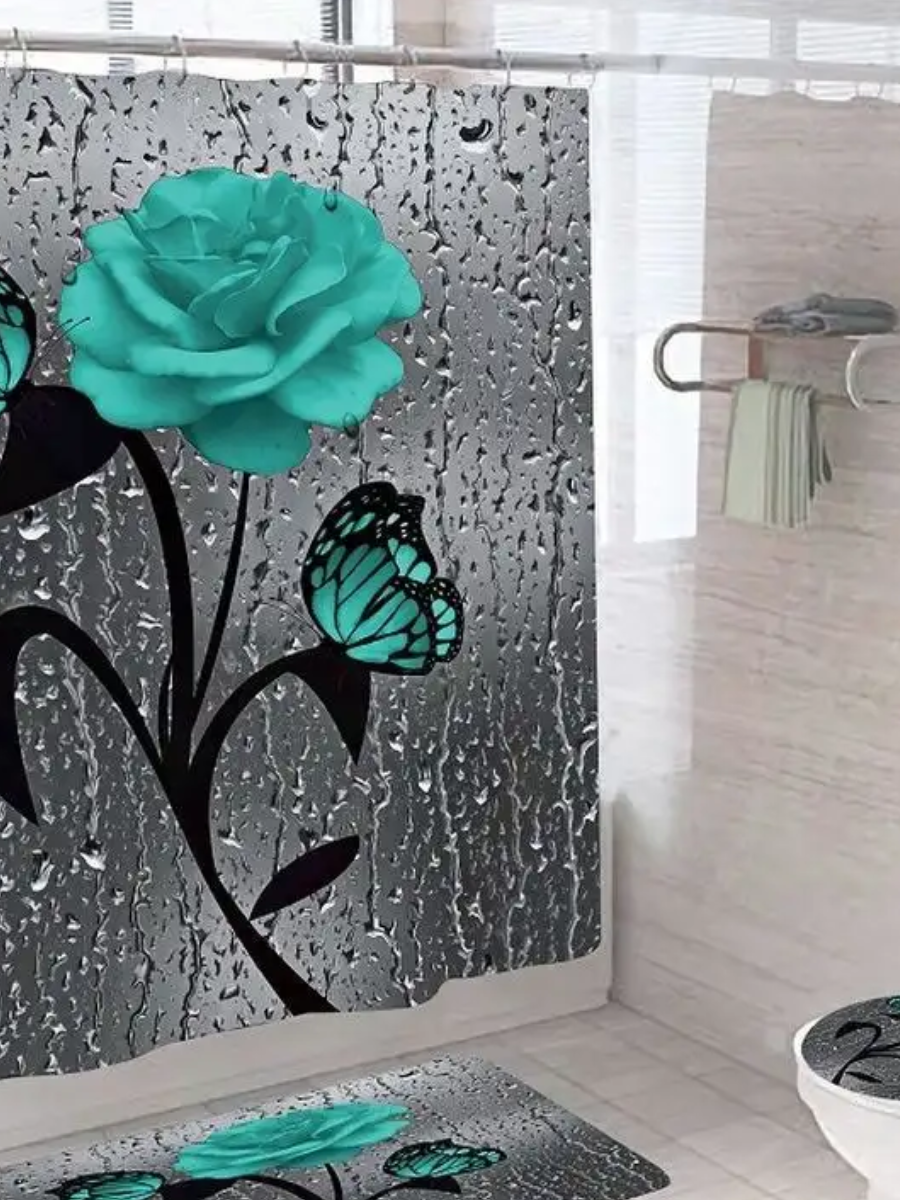 Set baie 4 piese: perdea, covorase si husa de toaleta, Blue Rose