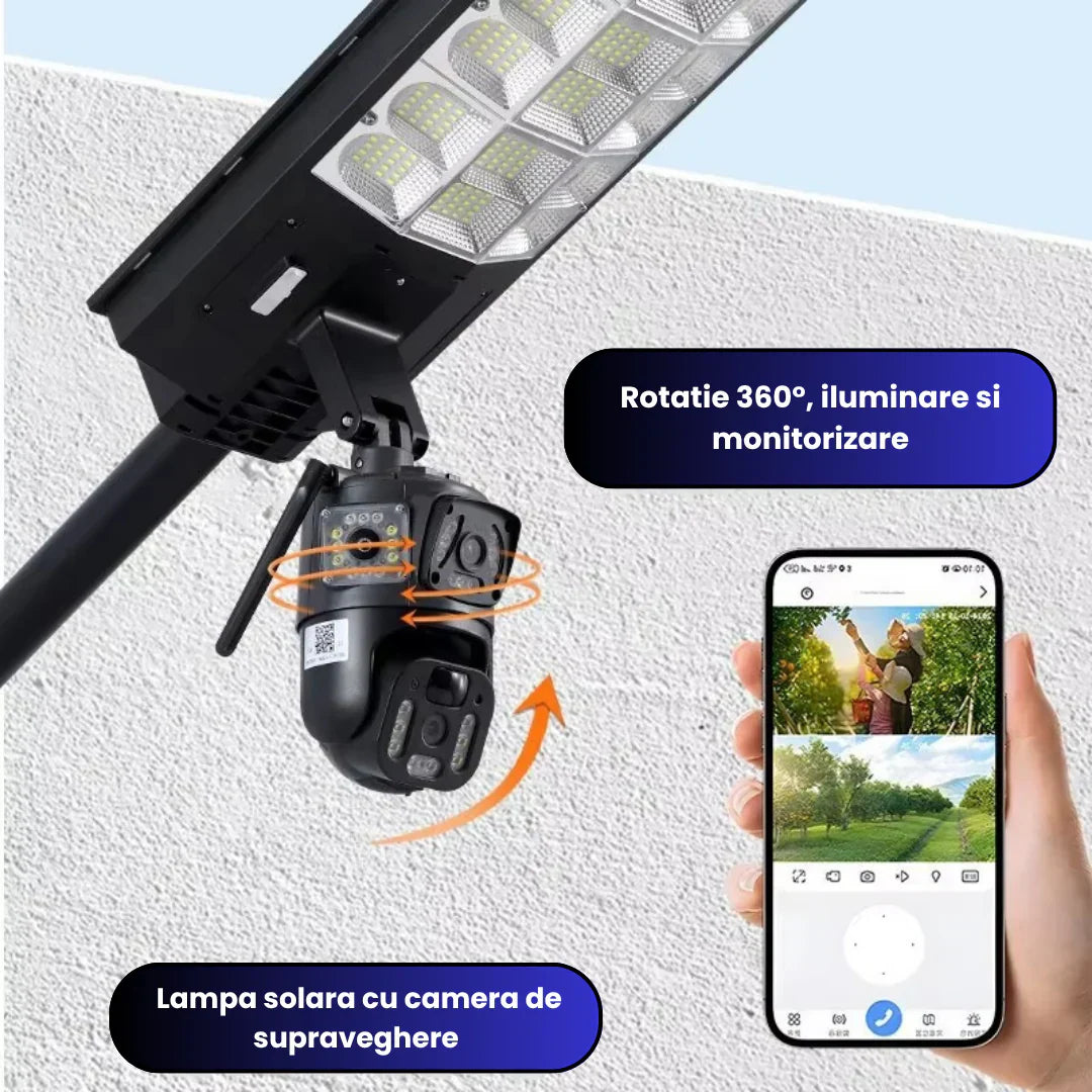 Lampa Solara cu Camera Supraveghere 450W, IP65, Detectie Miscare, Panou Solar Integrat, Monitorizare 24/7, Control Telefon, Rotatie 360°