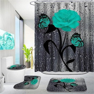 Set baie 4 piese: perdea, covorase si husa de toaleta, Blue Rose