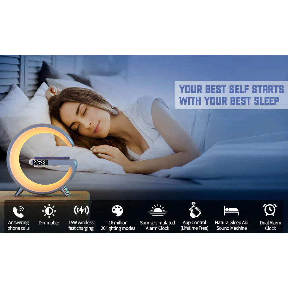 Lampa Moon RGB cu ceas cu alarma, lumina si sunet, difuzor Bluetooth si incarcator rapid wireless