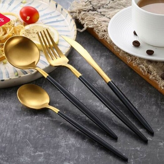 Set de tacamuri moderne 24 de piese, negru si auriu lucios, 13-21 cm
