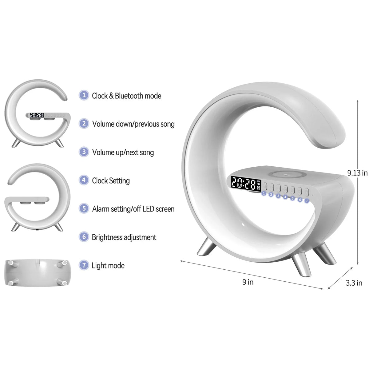 Lampa Moon RGB cu ceas cu alarma, lumina si sunet, difuzor Bluetooth si incarcator rapid wireless