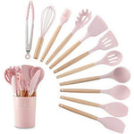 Set 13 ustensile de gatit din silicon, maner rezistent din bambus